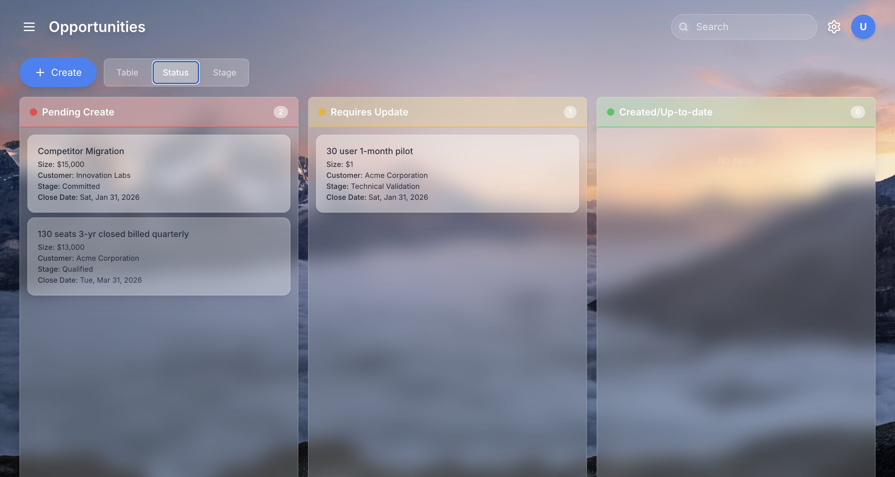 CRM Updates - Pipeline Hygiene View with opportunity status columns