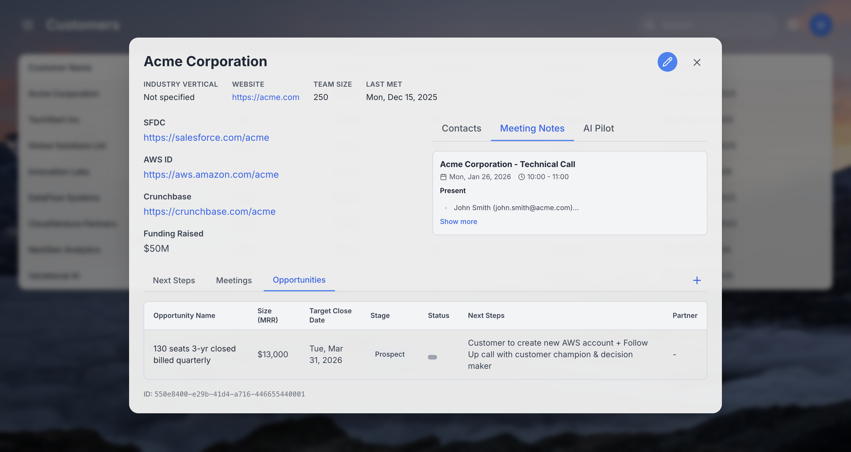 Meeting Pilot customer view showing company details, meeting notes, and associated opportunities