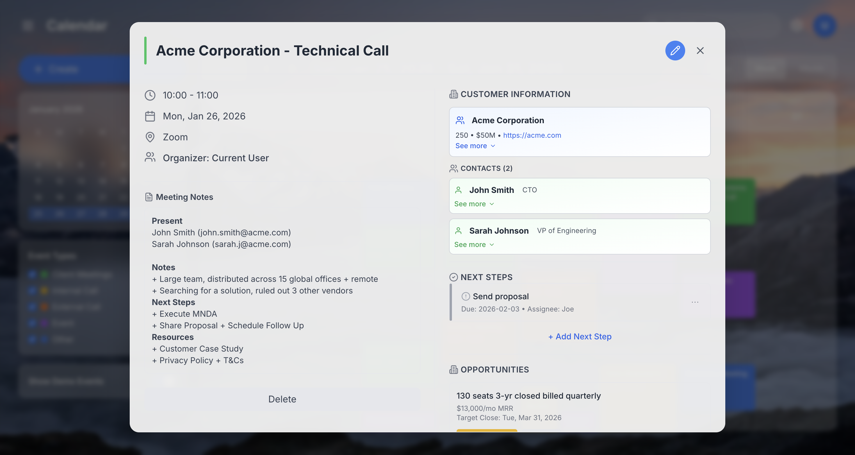 Event view showing customer meeting details with notes, contacts, and opportunities