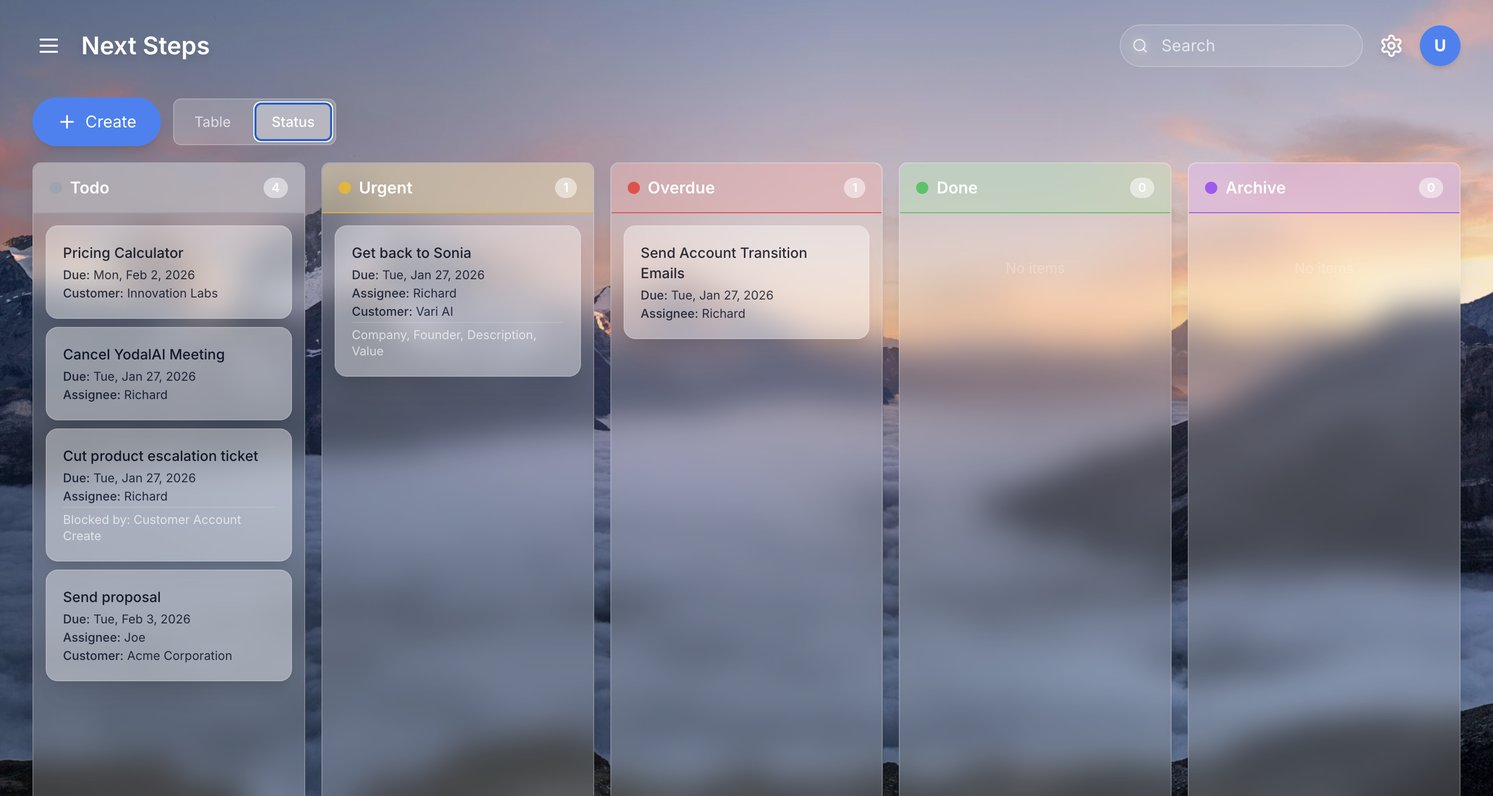Next steps kanban view displaying tasks across Todo, Urgent, Overdue, Done, and Archive columns