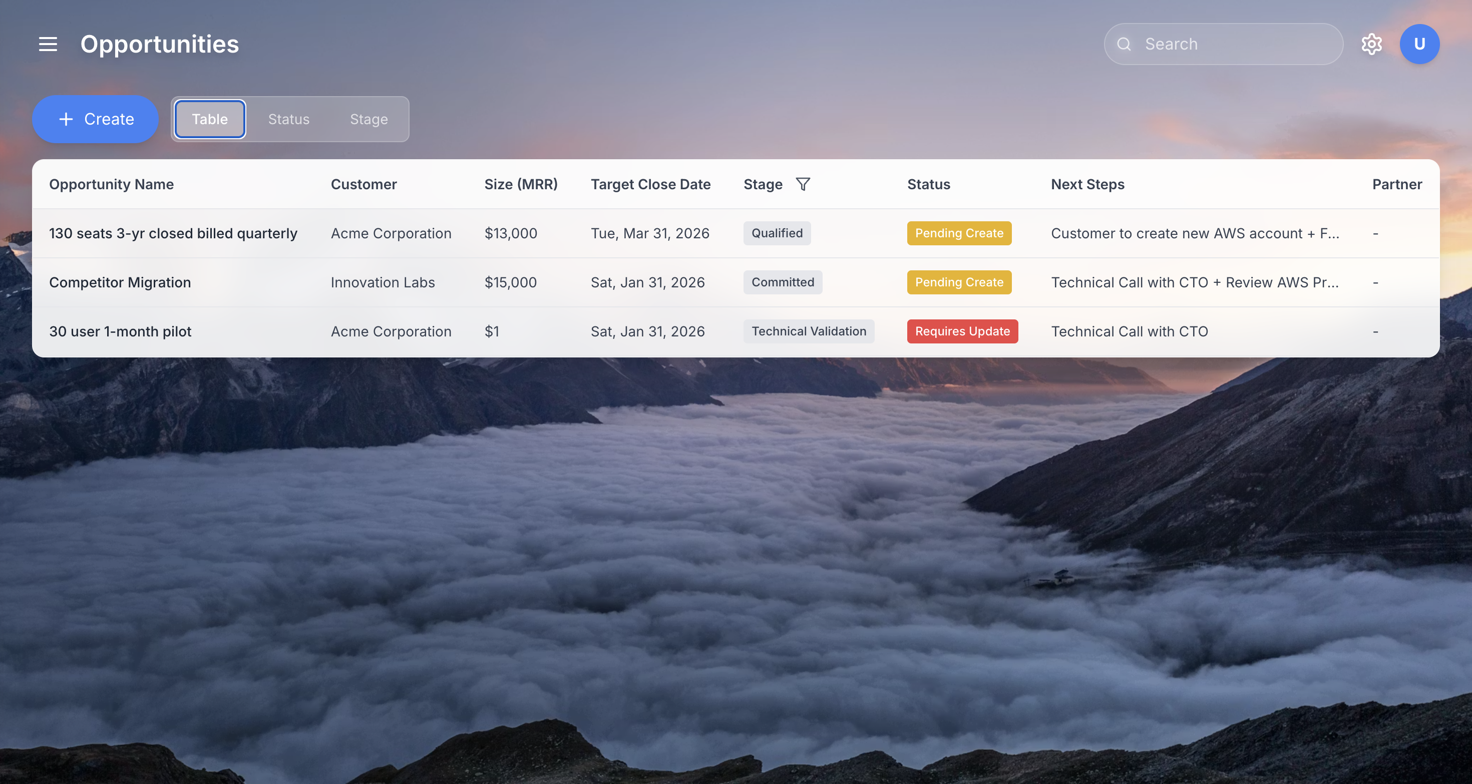 Opportunities table view showing deals with columns for name, customer, size, target close date, stage, status, and next steps